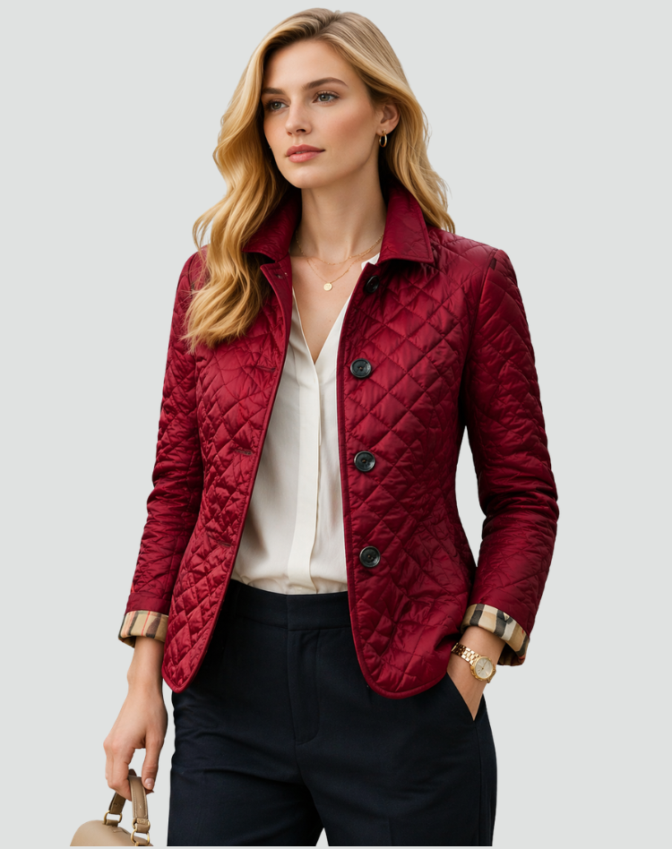 Women's quilted jacket, wine red button-front with stand collar and long sleeves