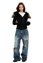 Black zip-up hoodie with white faux fur hood trim, front zipper and long sleeves