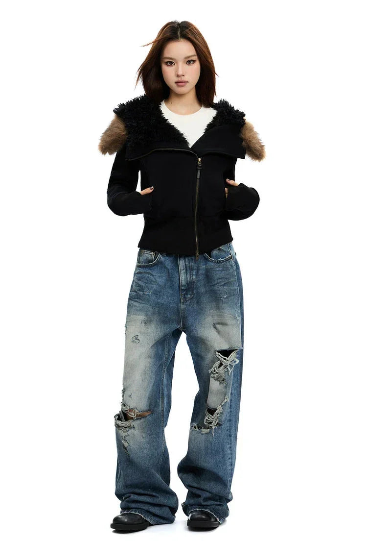Black zip-up hoodie with white faux fur hood trim, front zipper and long sleeves