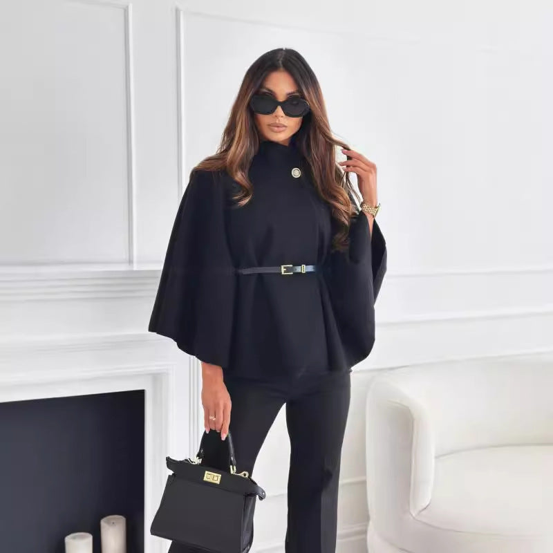 Black sleeve cape coat with button front and waist belt, loose draped sleeves