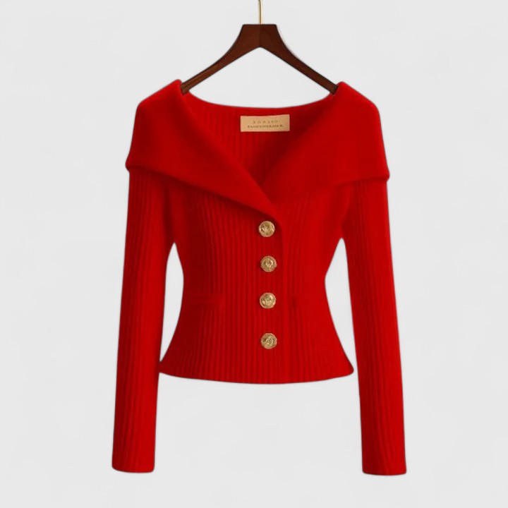 Red ribbed cardigan with V-neck, long sleeves, and button front