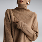 Women’s cashmere turtleneck sweater in taupe-brown, diamond knit pattern, ribbed cuffs and hem.