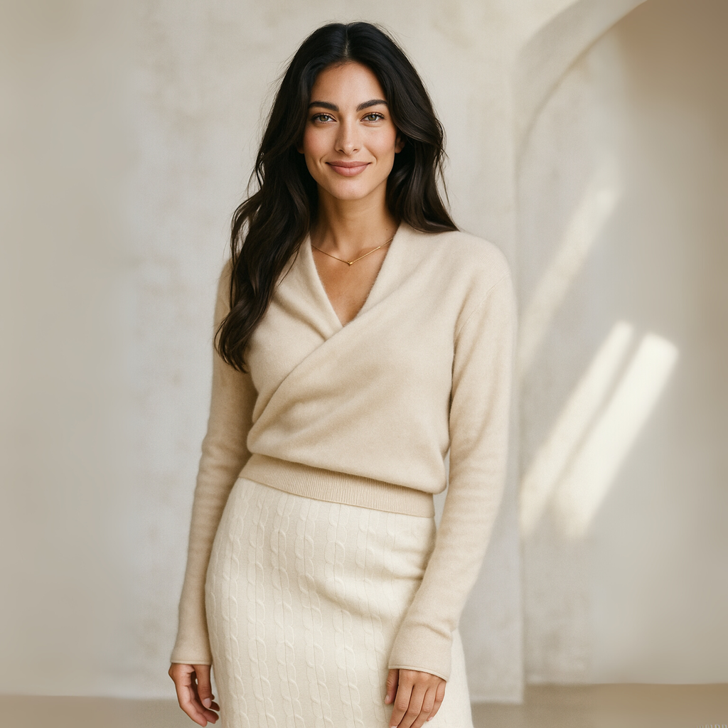 Women’s crossover collar knit sweater, cream/beige, long sleeves and V-neck design