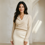 Women’s crossover collar knit sweater, cream/beige, long sleeves and V-neck design