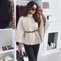 Apricot sleeve cape coat with button front and waist belt, wide draped sleeves