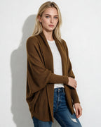 Women’s longline open-front cardigan with dolman sleeves, brown textured knit.