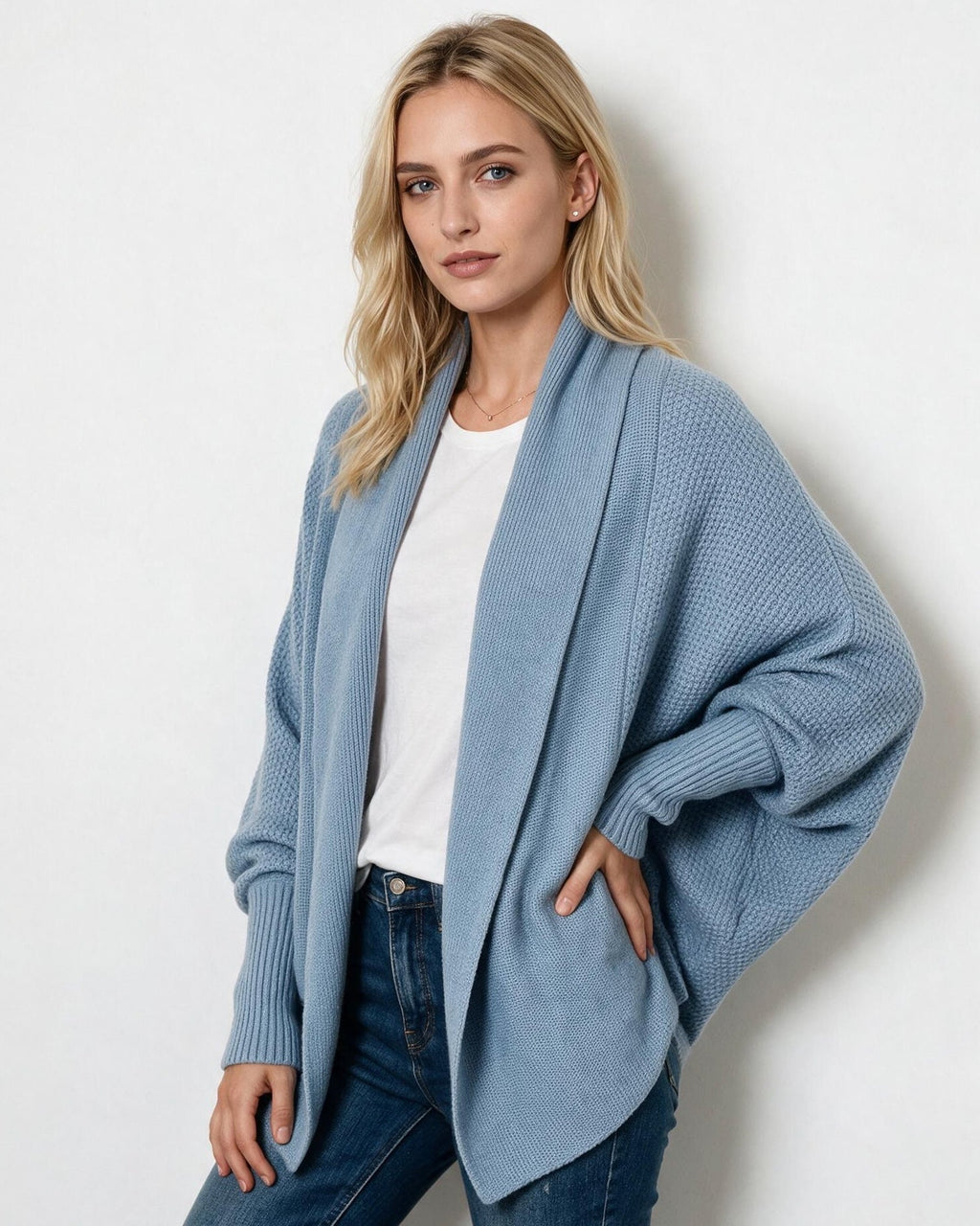 Light blue knit longline open-front cardigan with dolman sleeves