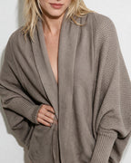 Taupe longline open-front knit cardigan with dolman sleeves and ribbed cuffs