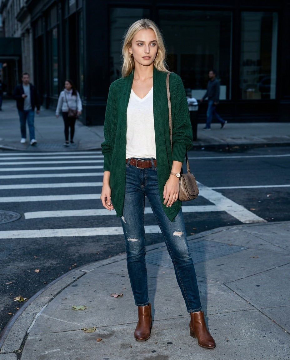 Forest green longline open-front cardigan with dolman sleeves, relaxed fit