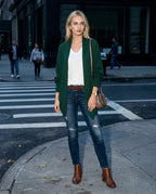 Forest green longline open-front cardigan with dolman sleeves, relaxed fit