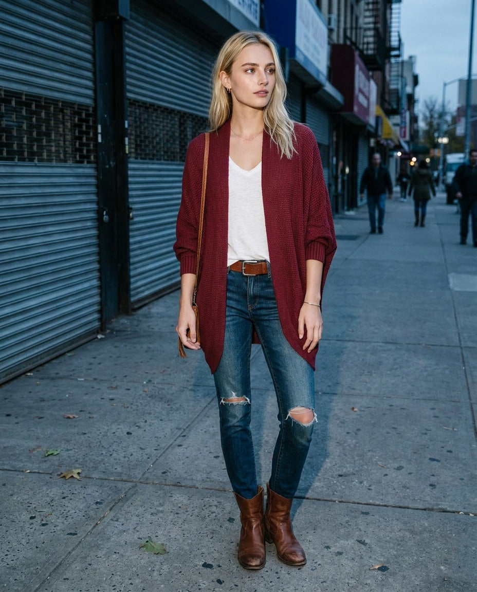 Women’s longline open-front cardigan with dolman sleeves, burgundy textured knit.
