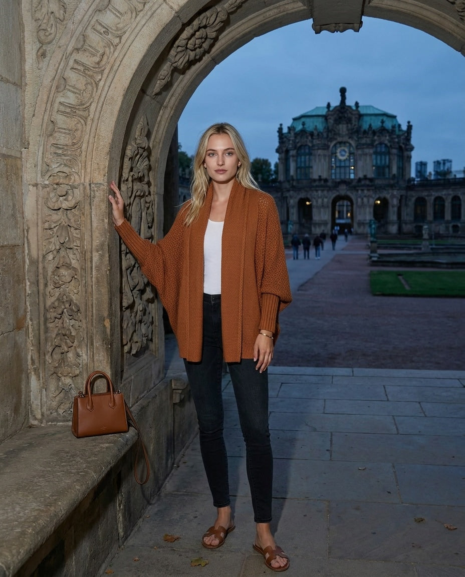 Terracotta longline open-front cardigan with dolman sleeves and textured knit