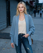 Light blue knit longline open-front cardigan with dolman sleeves