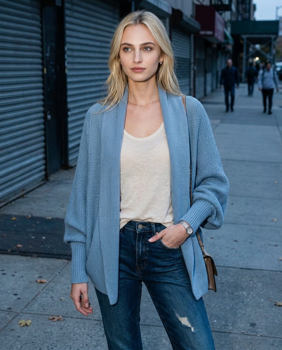 Light blue knit longline open-front cardigan with dolman sleeves