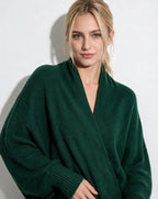 Forest green longline open-front cardigan with dolman sleeves and ribbed cuffs