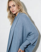 Light blue open-front cardigan with dolman sleeves and textured knit fabric