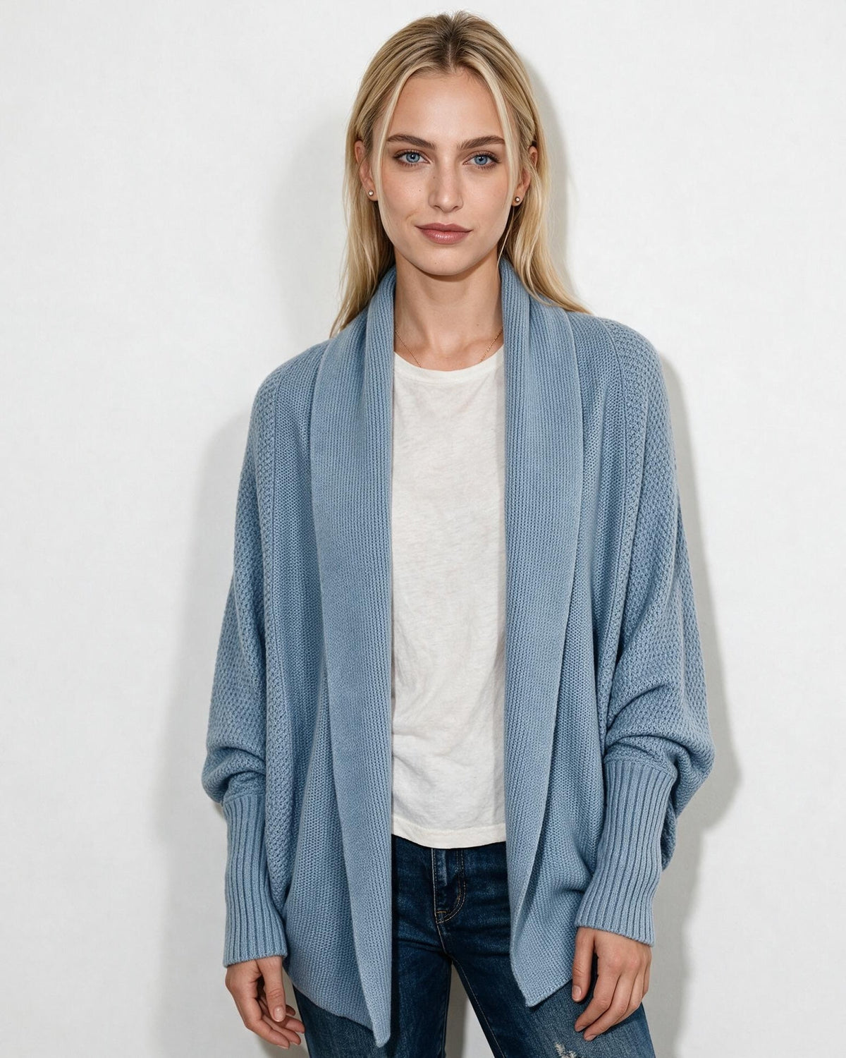 Baby blue longline open-front cardigan with dolman sleeves and ribbed cuffs