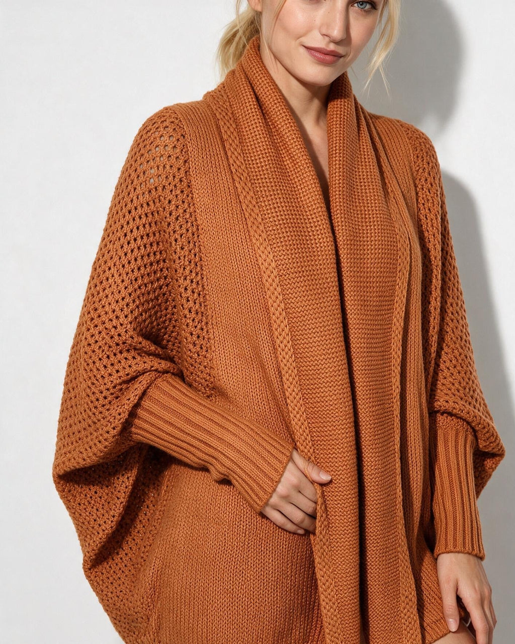 Terracotta open-front cardigan with shawl collar, dolman sleeves, textured knit