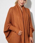 Terracotta open-front cardigan with shawl collar, dolman sleeves, textured knit