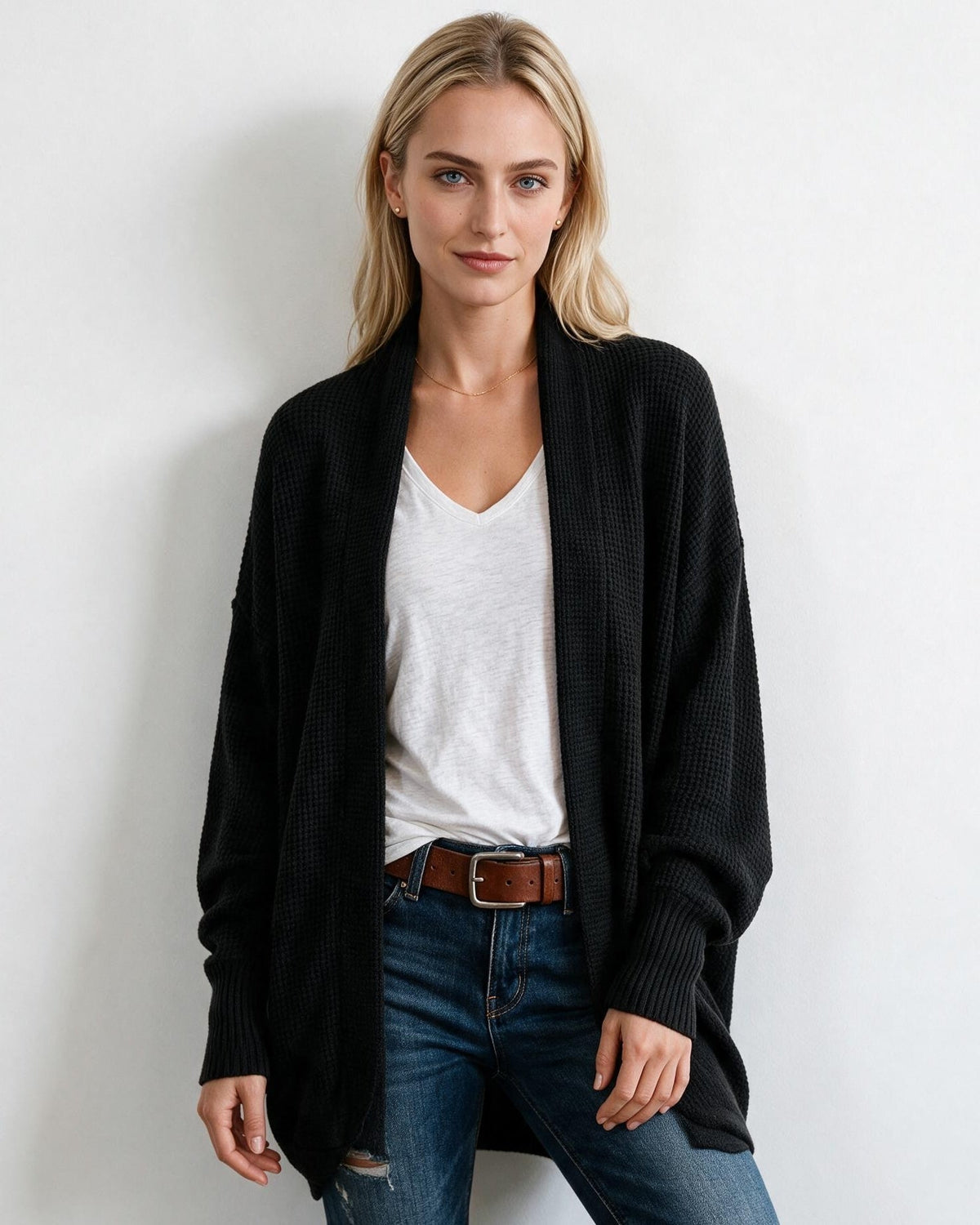 Black longline open-front cardigan with dolman sleeves and ribbed cuffs