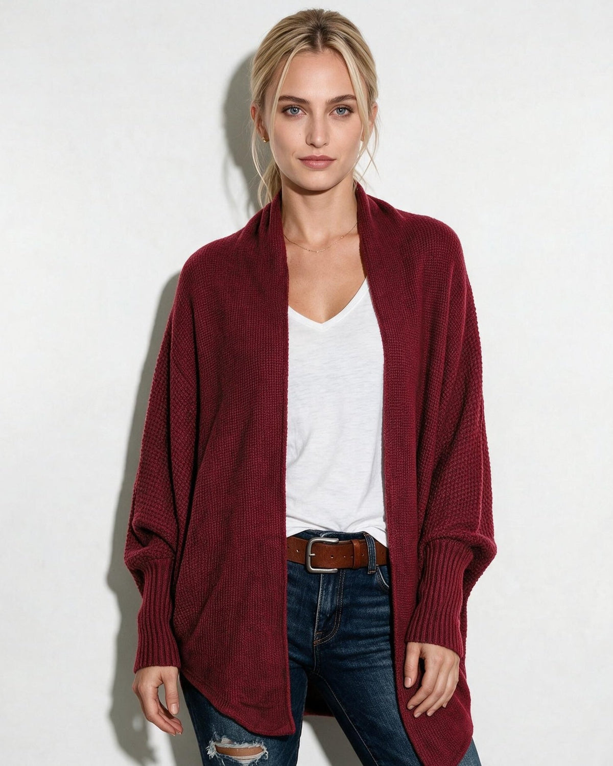 Burgundy longline open-front cardigan with dolman sleeves and ribbed cuffs