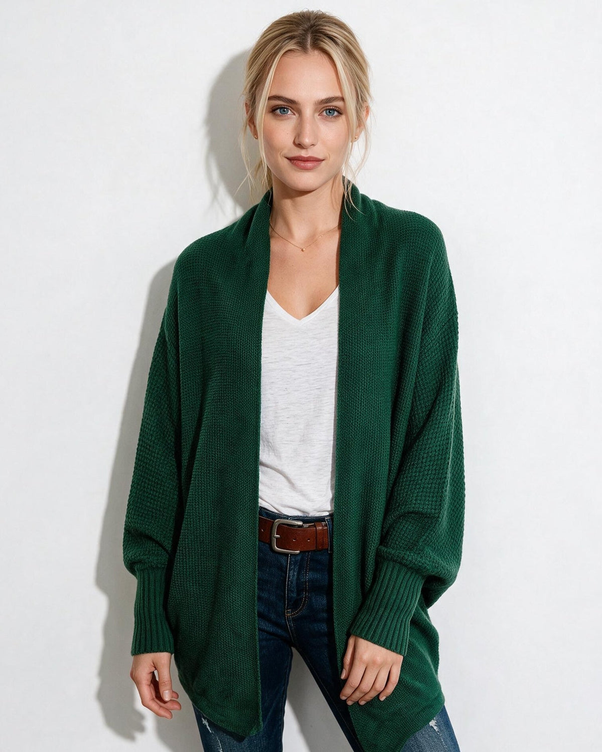 Forest green longline open-front cardigan with dolman sleeves and ribbed cuffs