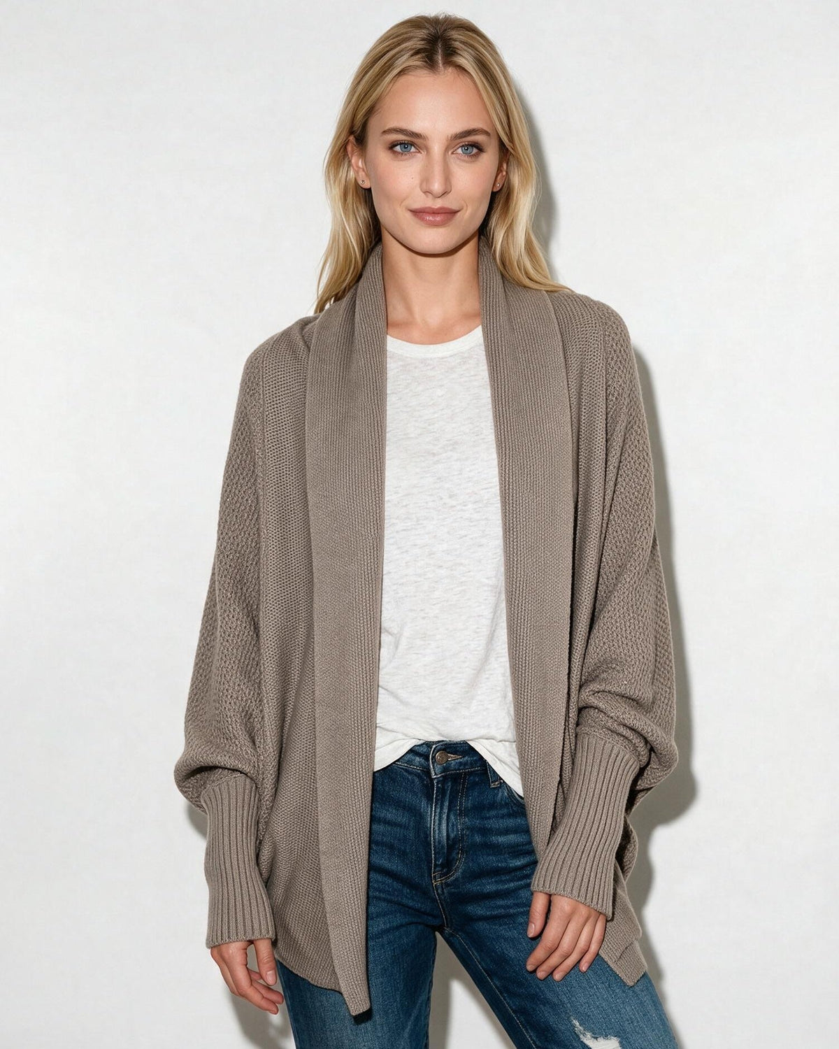 Taupe longline open-front cardigan with dolman sleeves and ribbed cuffs
