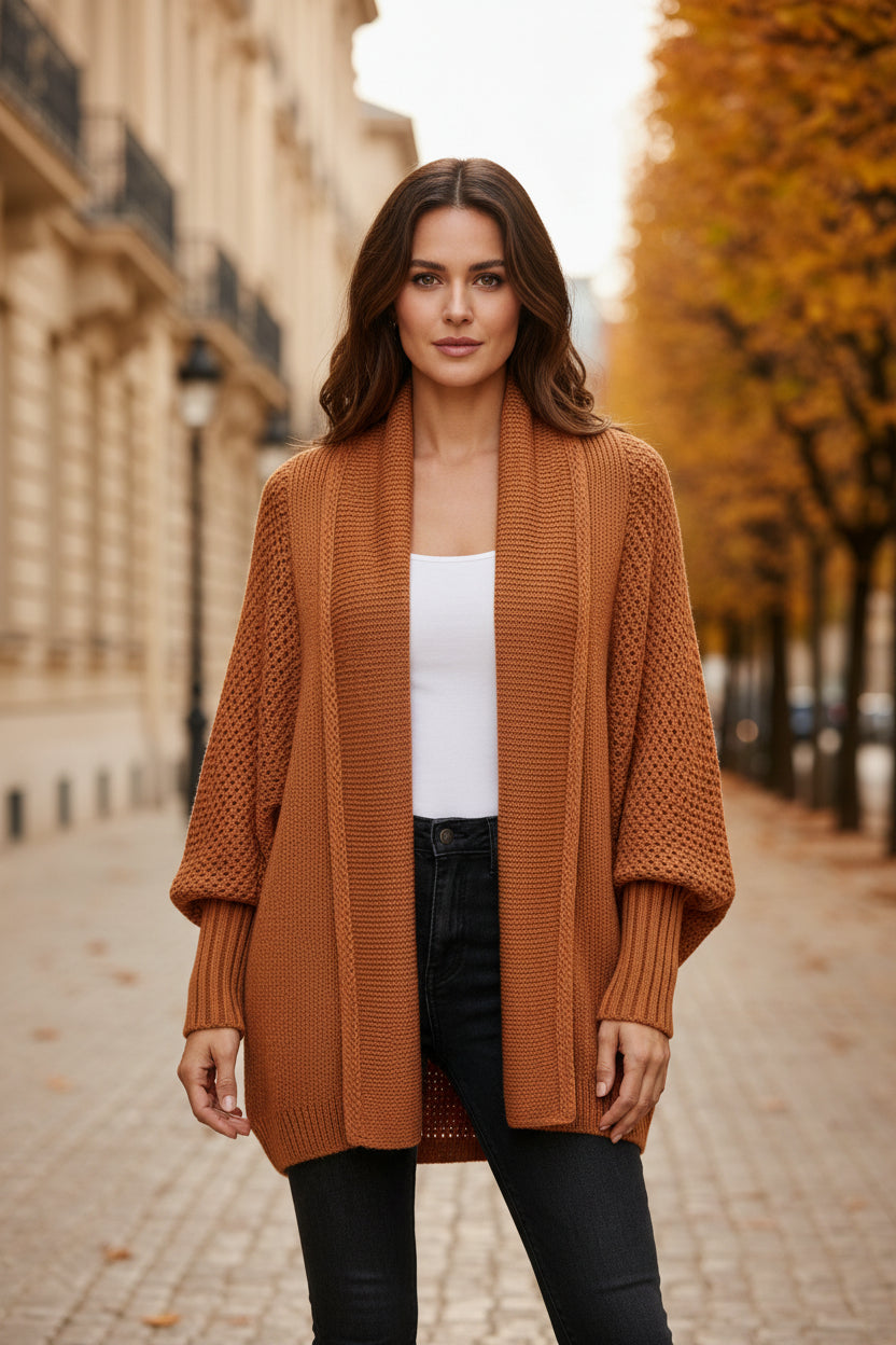 Terracotta knit longline open-front cardigan with dolman sleeves and shawl collar