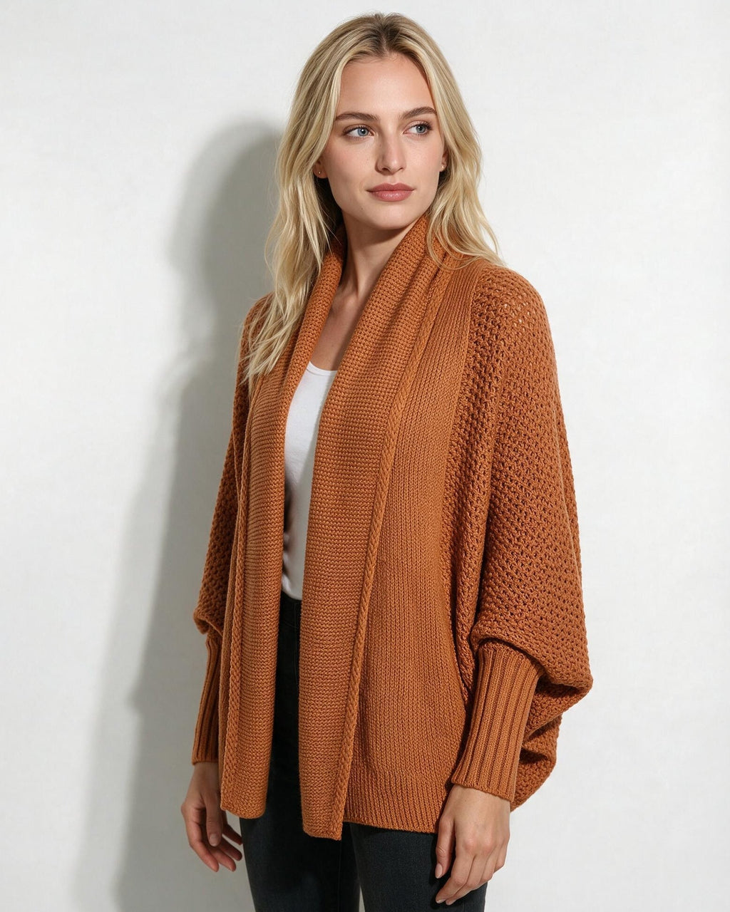 Terracotta knit longline open-front cardigan with wide dolman sleeves