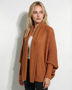 Terracotta knit longline open-front cardigan with wide dolman sleeves