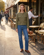 Cropped collarless olive green jacket with gold buttons and four flap pockets