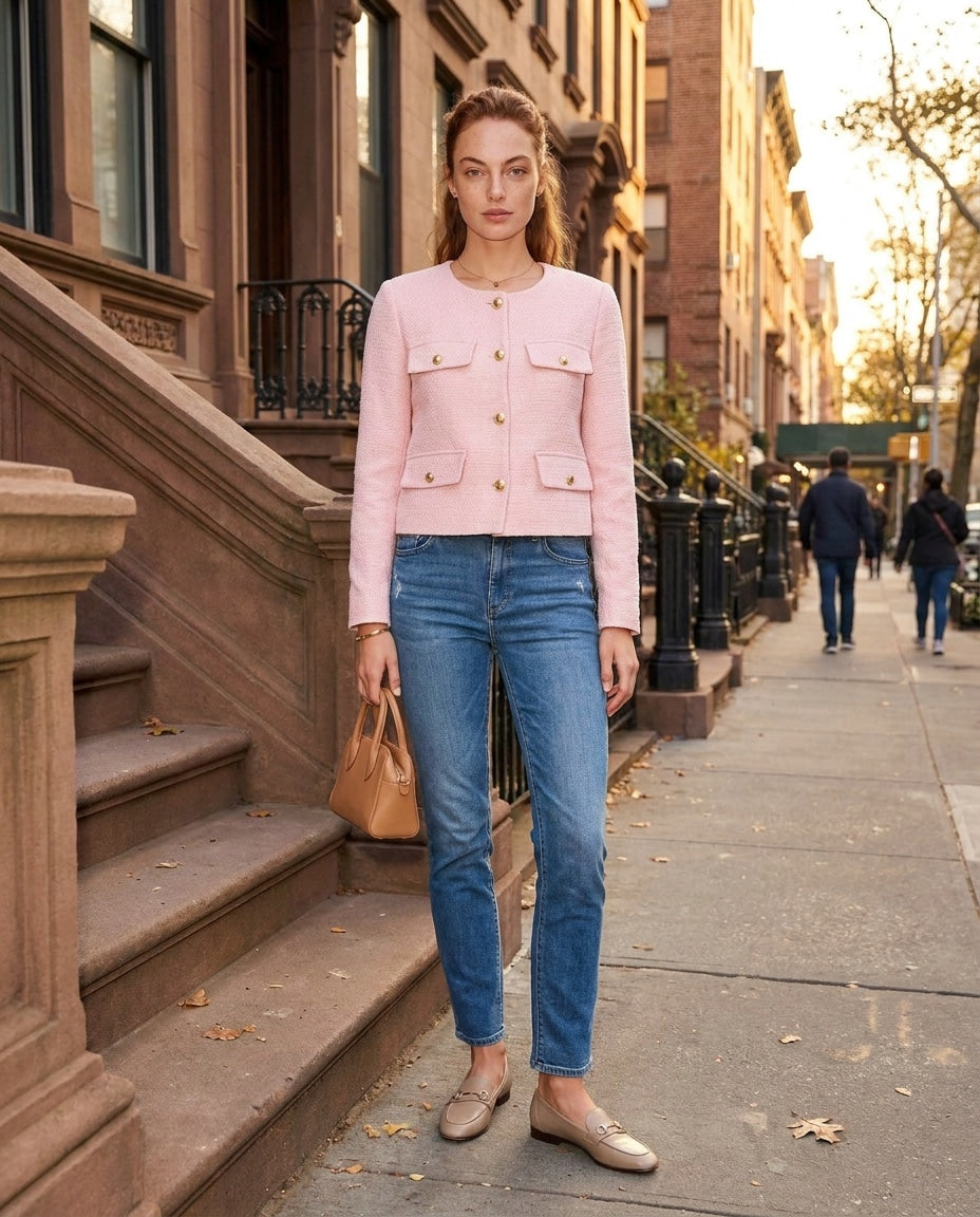 Women’s pink cropped collarless jacket with four flap pockets and gold buttons, full view.