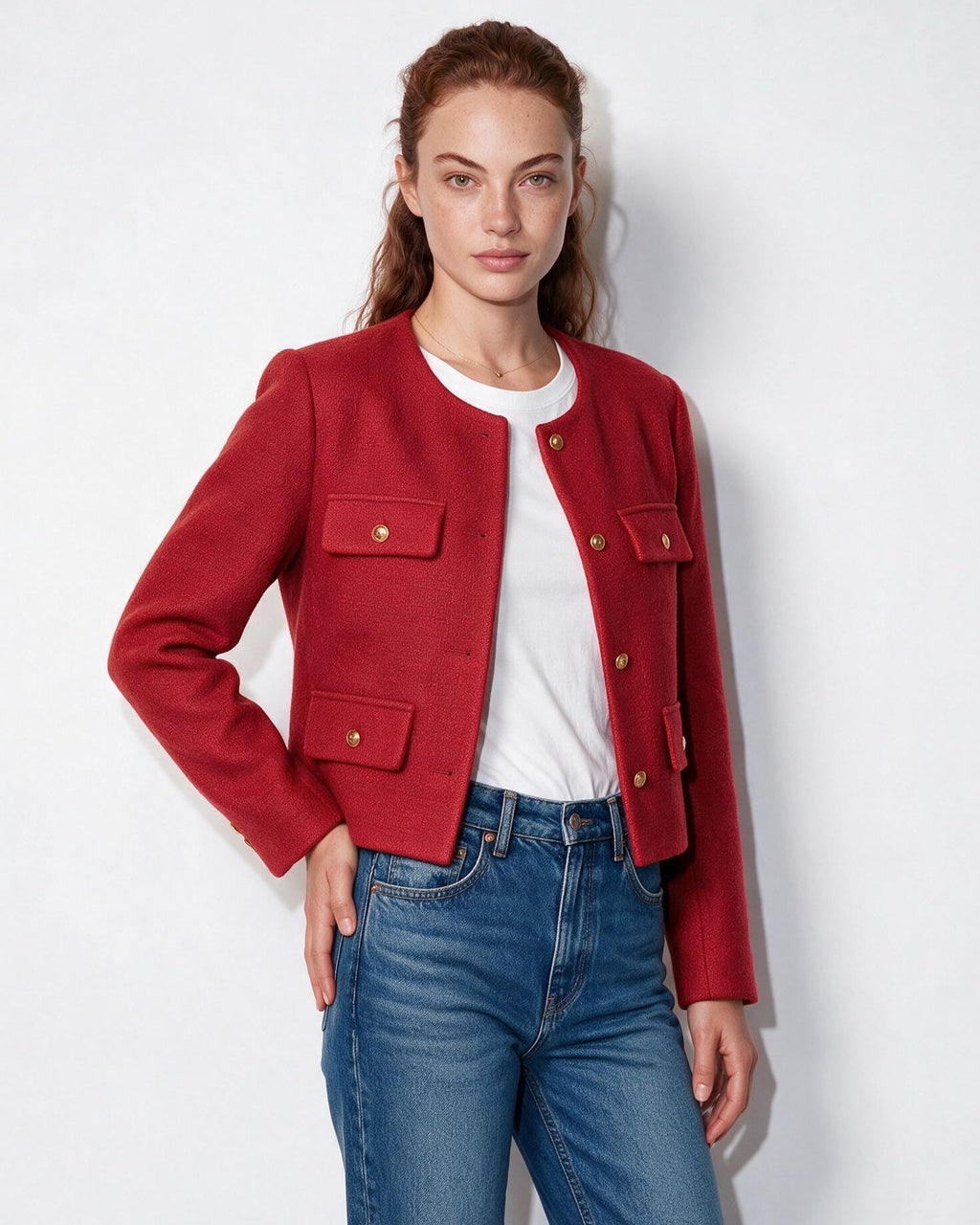 Cropped collarless jacket in red with gold buttons and four flap pockets
