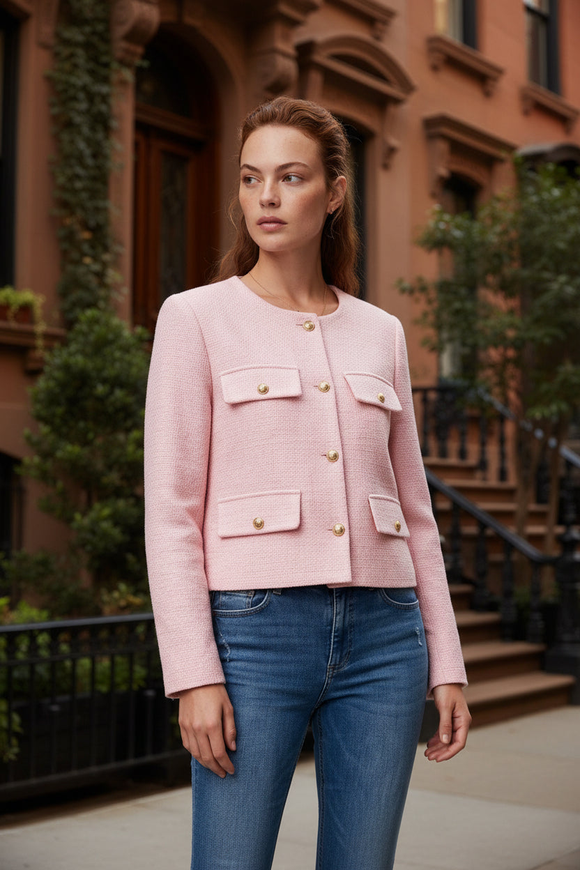Women’s pink cropped collarless jacket, button front, four flap pockets with gold buttons.