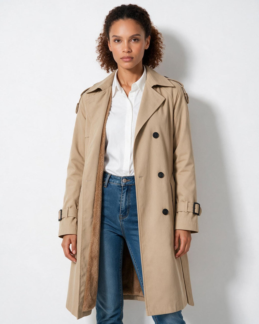 Beige belted longline coat with faux-shearling collar, epaulets, and buttoned sleeves