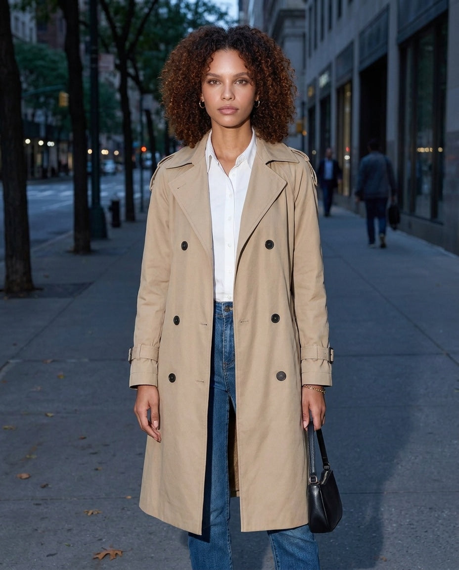 Beige longline belted trench coat with faux-shearling collar, double-breasted button front