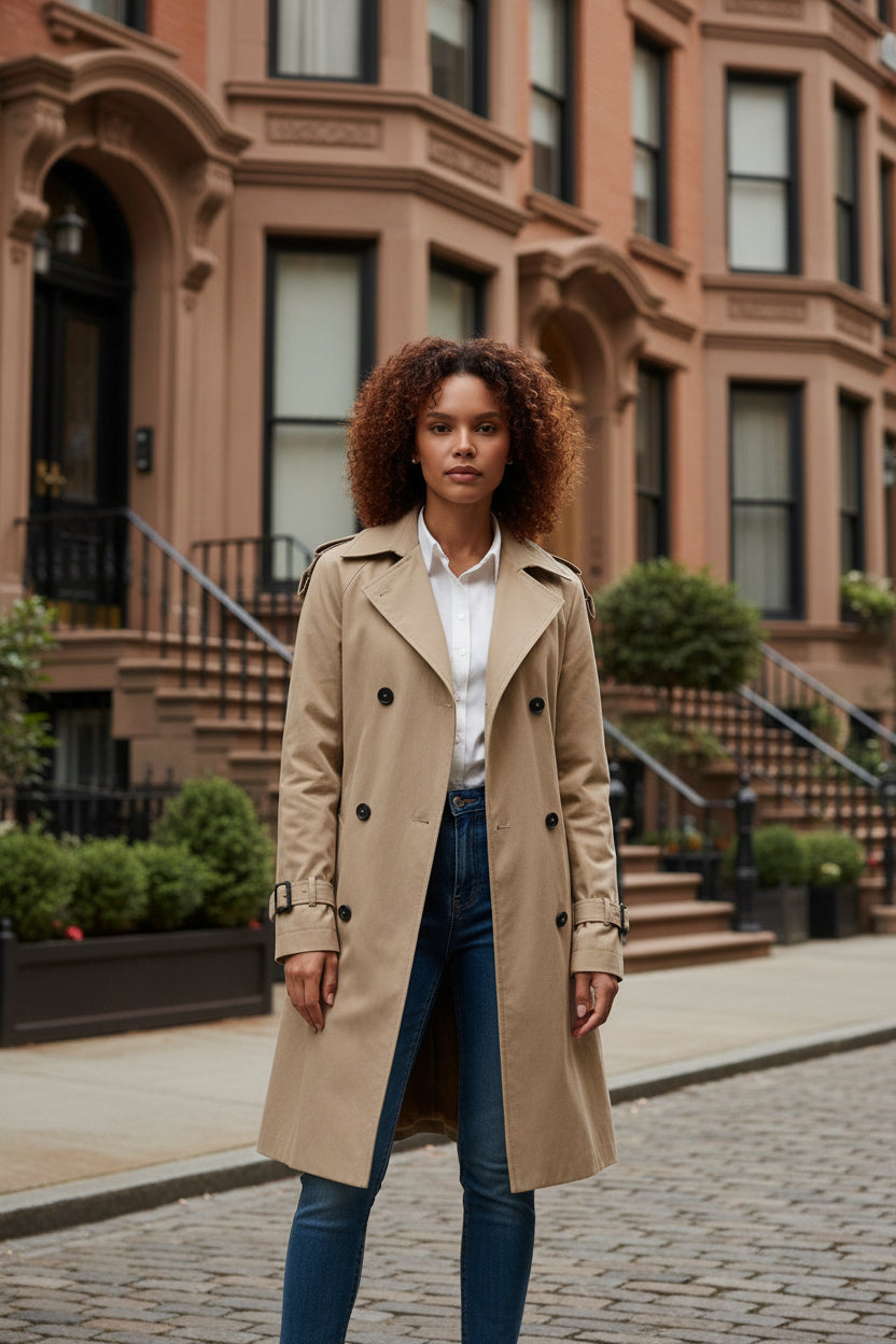 Beige belted longline coat with faux-shearling collar, double-breasted buttons, and cuffs