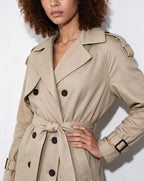 Beige faux-shearling collar longline belted coat with double-breasted dark buttons