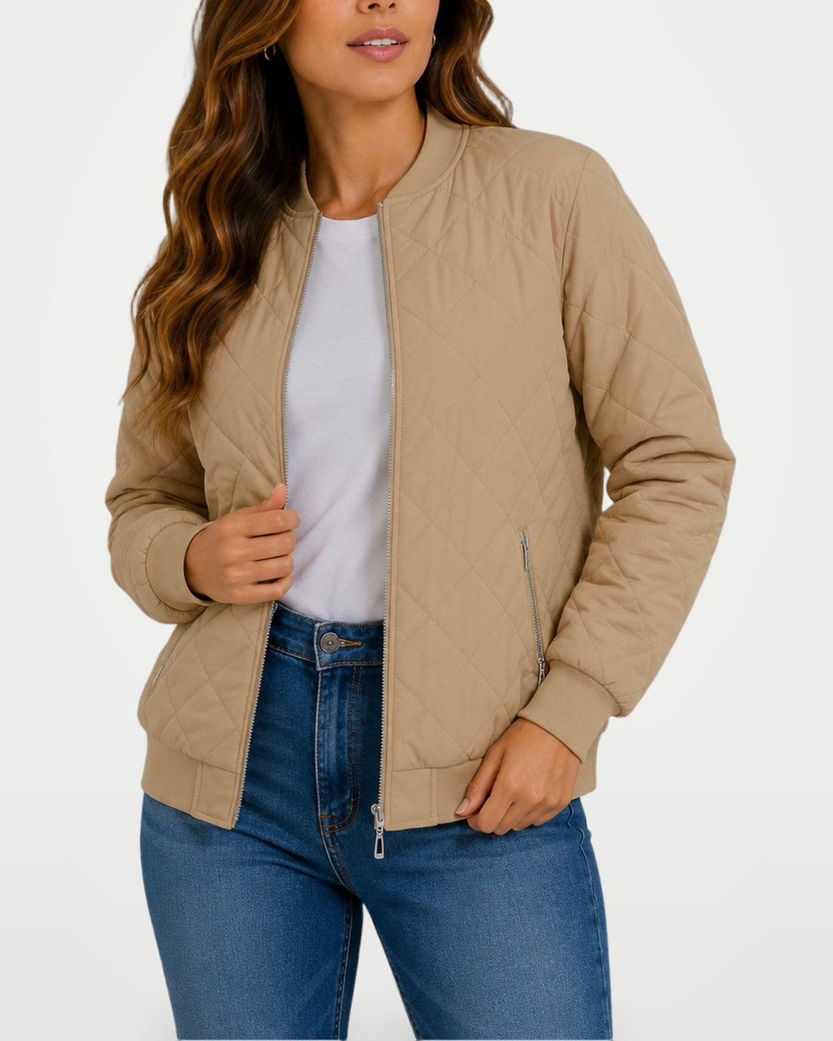 Women's quilted bomber jacket in tan beige with zip front and ribbed cuffs