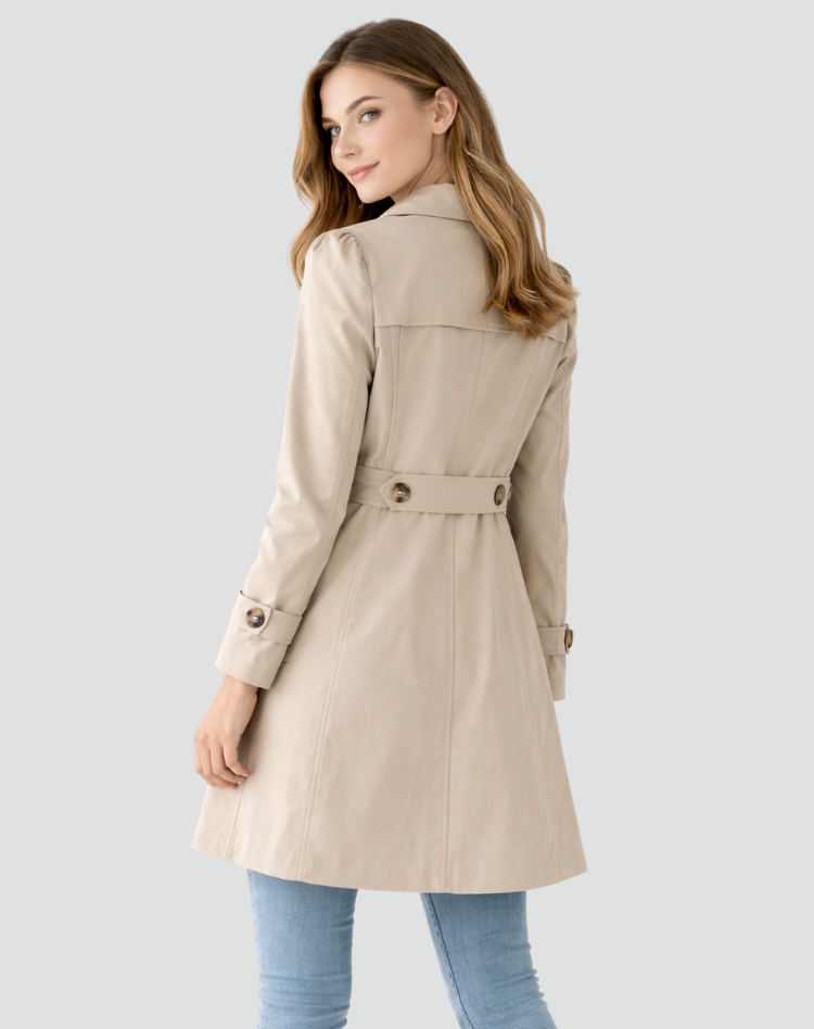 Light beige women's slim-fit trench coat with classic lapel collar, button front, belt