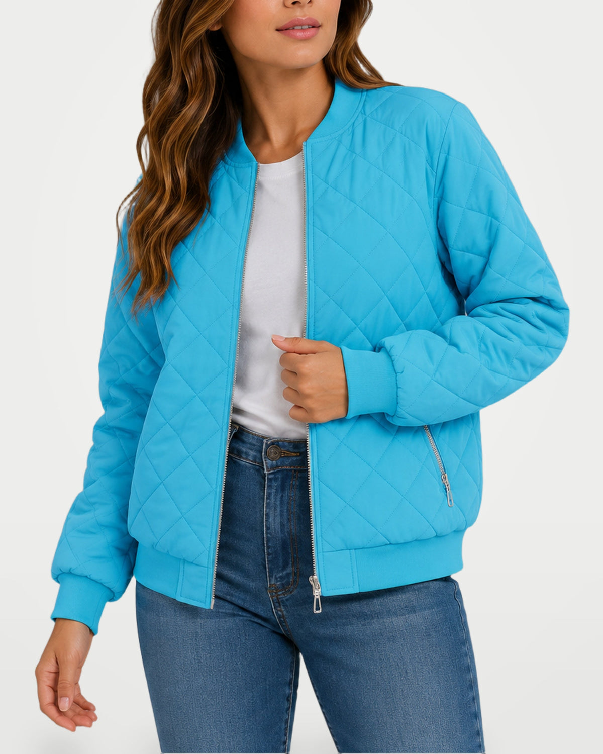 Women’s quilted bomber jacket in baby blue, front zipper, ribbed cuffs and hem.