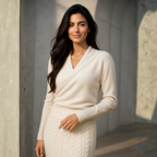 Women’s crossover collar knit sweater in off-white/ivory with long sleeves