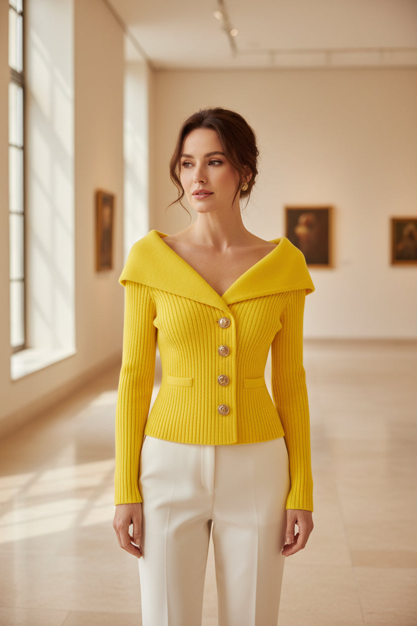 Yellow ribbed cardigan with V-neck, long sleeves, and button front