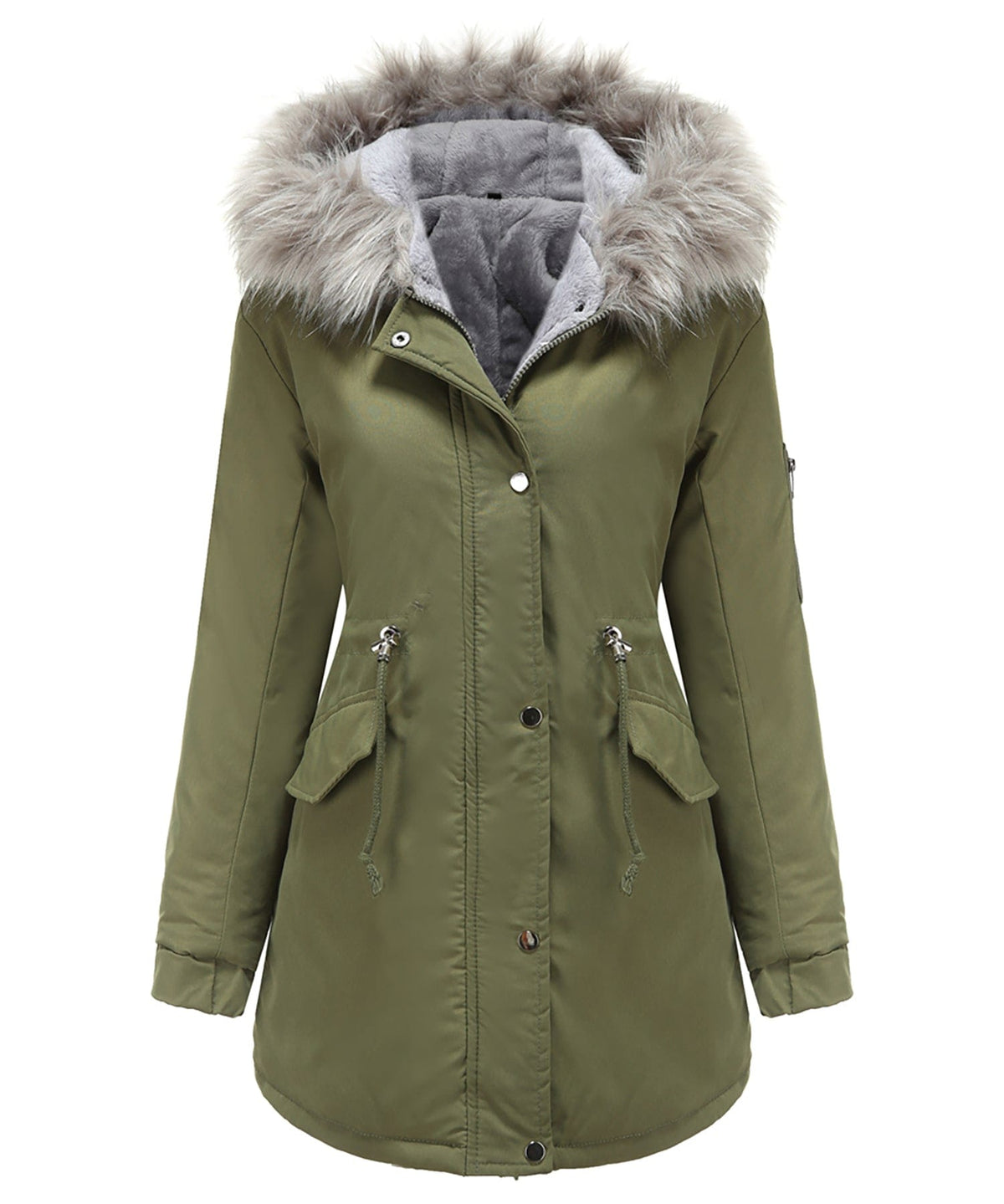 Women's green parka with faux-fur hood, button front, and side pockets