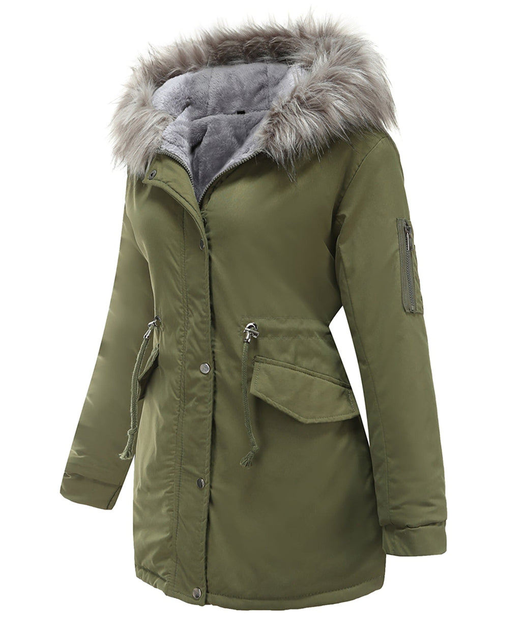 Women’s parka coat in olive green with faux fur trimmed hood and front snap closure