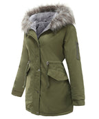 Women’s parka coat in olive green with faux fur trimmed hood and front snap closure
