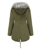 Women’s parka coat in olive green with faux fur trimmed hood and adjustable drawcord hem