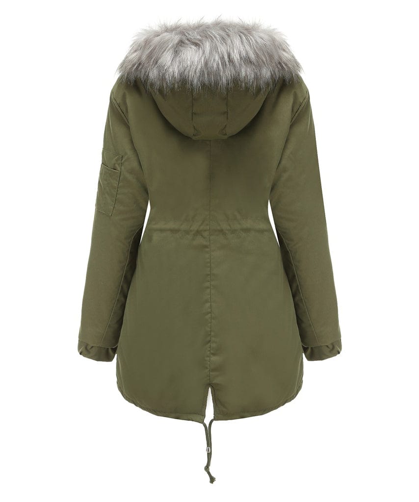 Women’s parka coat in olive green with faux fur trimmed hood and adjustable drawcord hem
