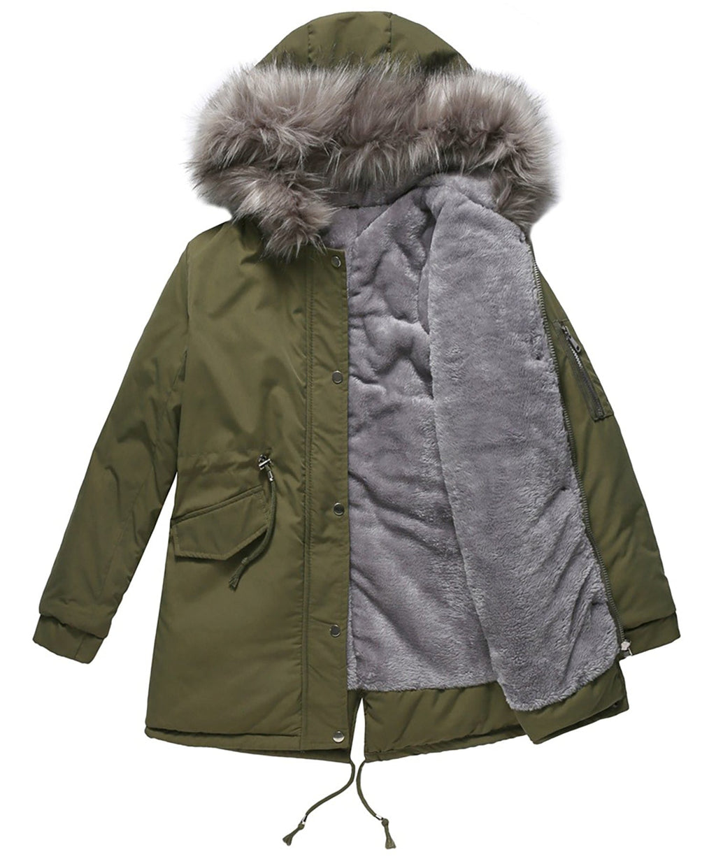 Women’s parka coat in olive green with sherpa-lined interior and faux fur trim hood