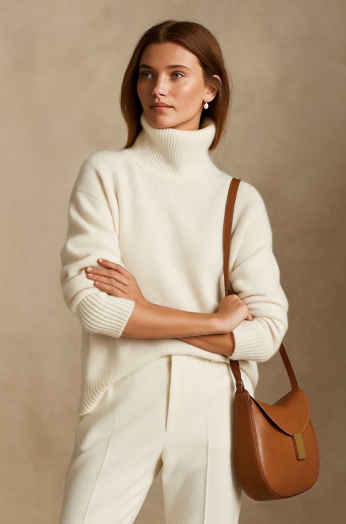 Women’s white cashmere turtleneck sweater with ribbed collar and cuffs